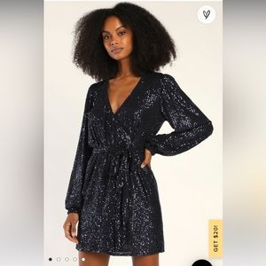 Lulus Sparkly Darling Navy Blue Sequin Long Sleeve Wrap Dress, size Medium